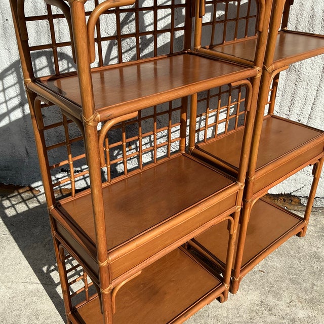 Late 20th Century Vintage Coastal Grid Rattan Etagere - a Pair For Sale - Image 5 of 10