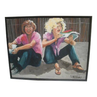 "Women Eating Watermelon" Contemporary Expressionist Figurative Acrylic Painting, Framed For Sale