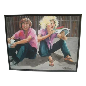 "Women Eating Watermelon" Contemporary Expressionist Figurative Acrylic Painting, Framed