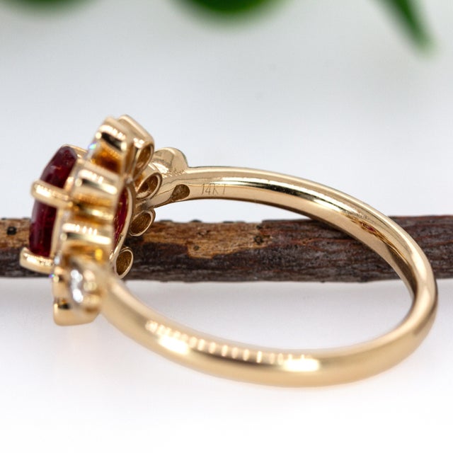Metal 1ct Mozambique Ruby and Earth-Mined Diamond Floral Ring in Solid 14k Gold, Size 6.75 For Sale - Image 7 of 7