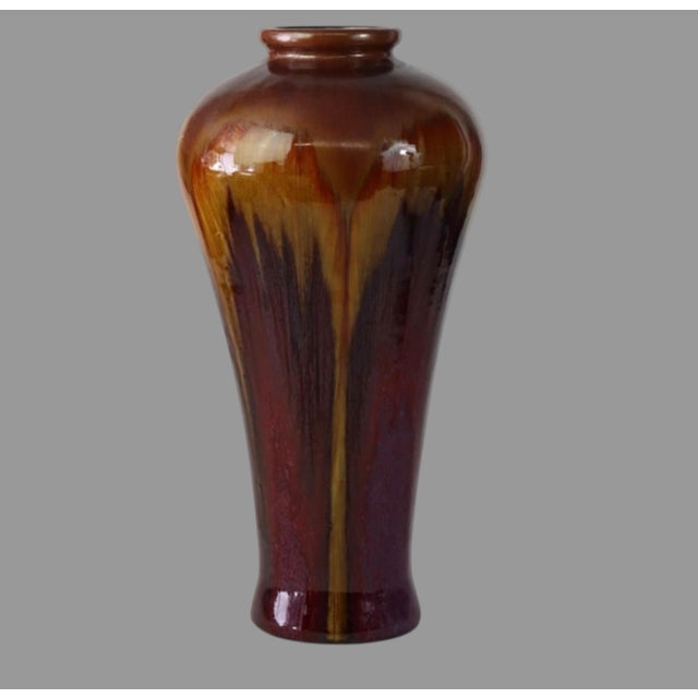 Antique American Art Pottery Large 19” Vase Flambe Drip Luster Glaze Arts Crafts For Sale - Image 9 of 12