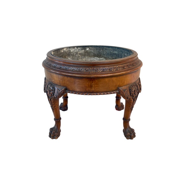 Antique French Renaissance solid wood jardiniere with ornate carved details including lions heads and cabriole legs with...