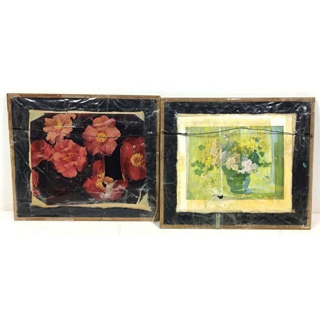 1960s Pair Vintage Japanese Framed Hand Painted Paper Fans on Bamboo For Sale - Image 5 of 5