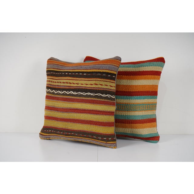 Mid-Century Modern Striped Turkish Kilim Pillow - A Pair For Sale - Image 3 of 4
