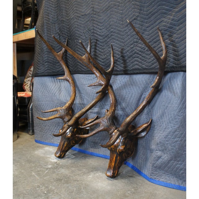 2 Faux Wood Deer Stag Buck Head Taxidermy Wall Mount Sculptures 43" For Sale - Image 4 of 12