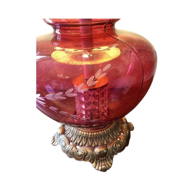 1970s 1970s Hollywood Regency Cut Ruby Glass & Crystal Prism Globe Table Lamp Light Up Base For Sale - Image 5 of 12