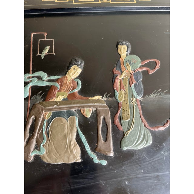 1920s Chinoiserie Three Piece Black Lacquer Desk With Hard-Stone Inlay For Sale In Houston - Image 6 of 12