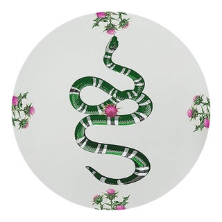 Thistle And Snake Pink White Vegan Leather Round Pebble Placemat, Set of 4 For Sale