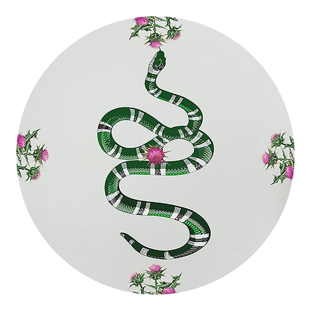 Thistle And Snake Pink White Vegan Leather Round Pebble Placemat, Set of 4 For Sale