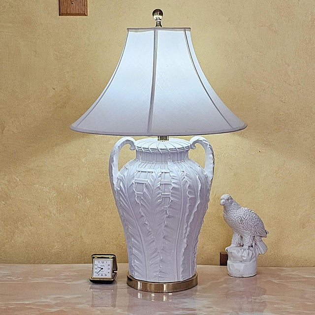 Vintage Paul Hanson Style White Ceramic Urn Table Lamp With Raised Botanical Relief Design For Sale - Image 15 of 18