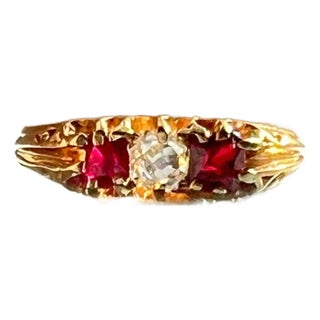 Antique 3-Stone Diamond Garnet Ring, 18k Gold, London 1875 For Sale