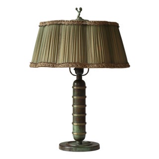Swedish Art Deco Table Lamp in Green Patinated Bronze with Pleated Shade, 1930s For Sale