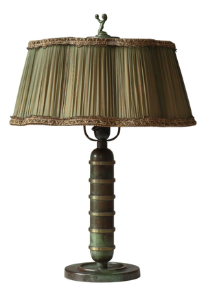 Swedish Art Deco Table Lamp in Green Patinated Bronze with Pleated Shade, 1930s