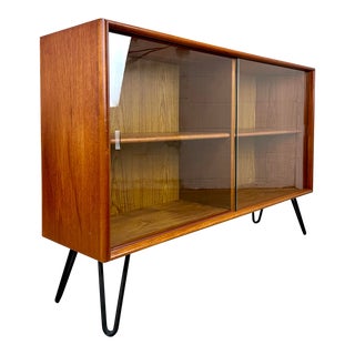 Mid Century Danish Modern Style Teak Glass Front Bookcase / Sideboard For Sale