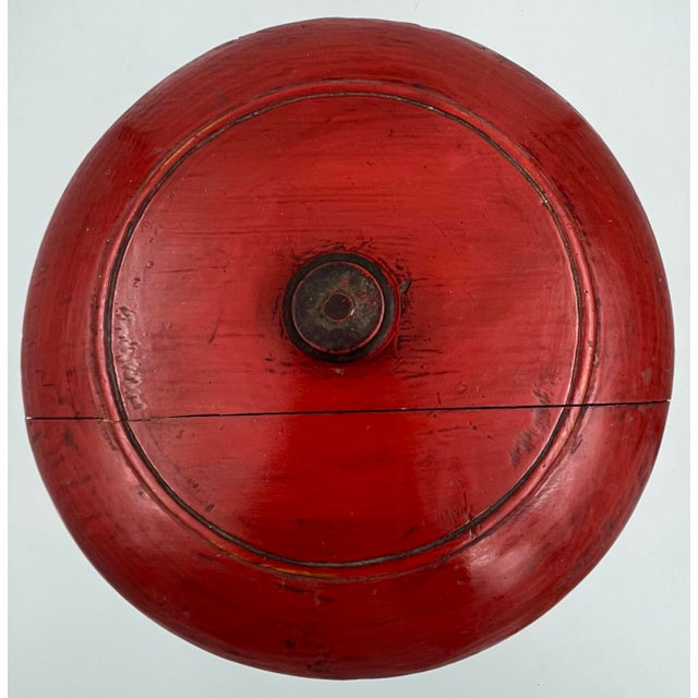 Antique Chinese Red Lacquered Round Wood Box Rice Bucket With Lid For Sale - Image 4 of 11