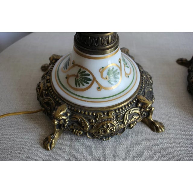 Pair of 1900s Regency Style Gilded & Painted Porcelain & Brass Lamps For Sale - Image 9 of 9