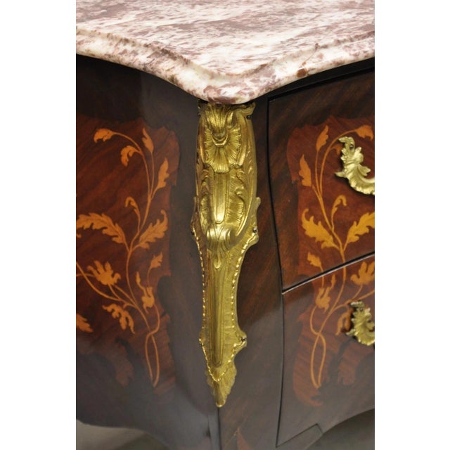 Late 20th Century French Louis XV Style Marble Top Marquetry Inlay & Bronze Bombe Commode Dresser For Sale - Image 12 of 12