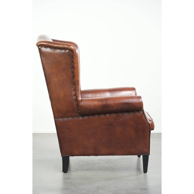 Sheepskin Wing Armchair in Cognac Color For Sale - Image 3 of 13