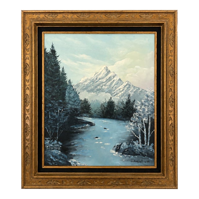 Size 28 X 32 Signed 1977 Original Snowy Alpine River Landscape Acrylic on Canvas in Wood Frame For Sale
