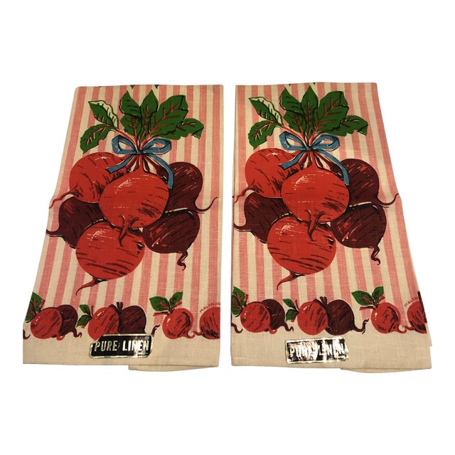 Mid Century Pure Linen Radish Kitchen Towels For Sale