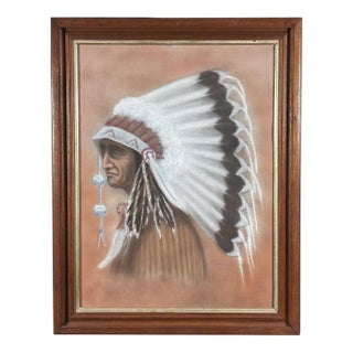 Original Vintage 1978 Western Fine Art Native American Indian Chief Red Cloud Framed Pastel Portrait Drawing For Sale