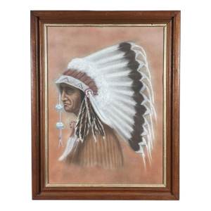 Original Vintage 1978 Western Fine Art Native American Indian Chief Red Cloud Framed Pastel Portrait Drawing