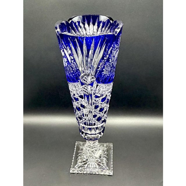 Vintage Crystal Cobalt Blue Overlay Cut Crystal Vase from Meissen, 1960s For Sale - Image 11 of 18