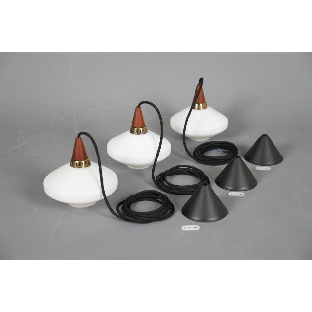Mid-Century Modern Danish Glass Pendant Lamps with Teak Top, 1960s, Set of 3 For Sale - Image 9 of 11