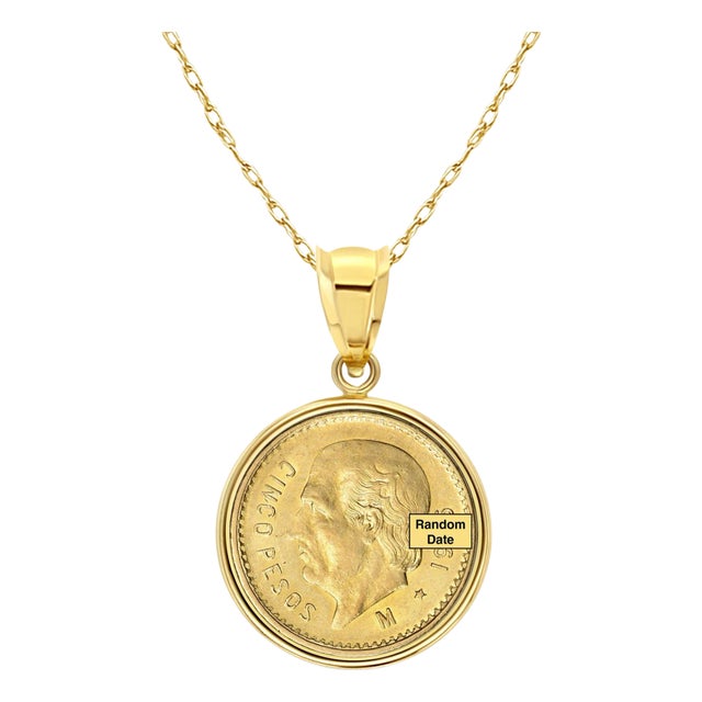 Cinco Pesos Gold Coin Necklace with Polished Bezel 14k Yellow Gold 16" For Sale