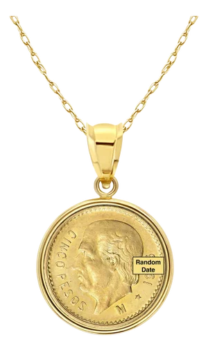 Cinco Pesos Gold Coin Necklace with Polished Bezel 14k Yellow Gold 16"