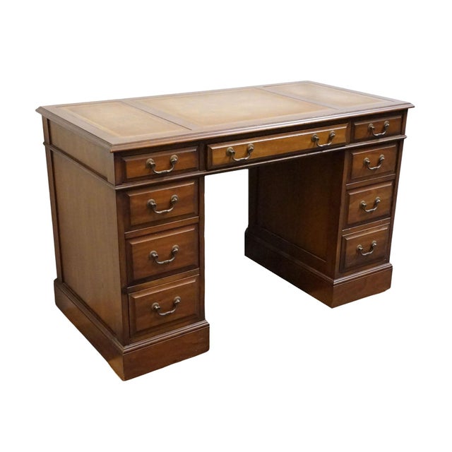 Sligh-Lowry Furniture Co. Sligh Lowry Solid Pine Early American Country Style 46" Double Pedestal Writing Desk W. Tooled Leather Top For Sale - Image 4 of 12