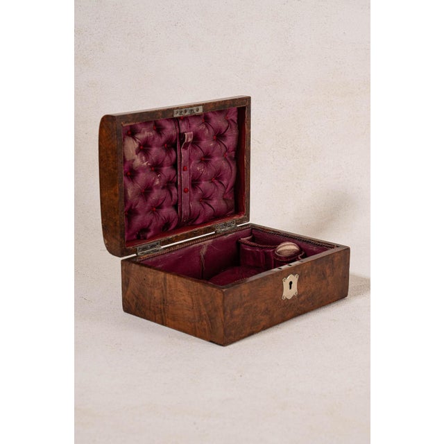 English Antique English Burl Wood Sewing Box With Brass Top Handle For Sale - Image 3 of 5