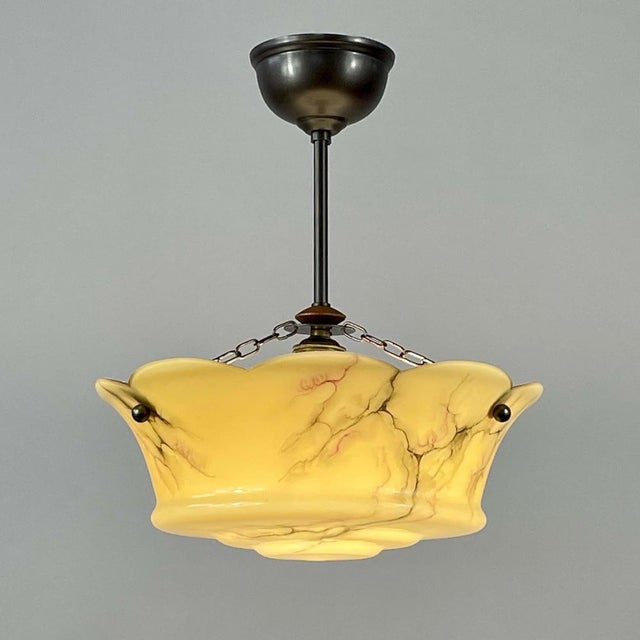 Art Deco Marbled Opaline & Brass Semi Flush Mount, Sweden, 1930s For Sale - Image 15 of 16