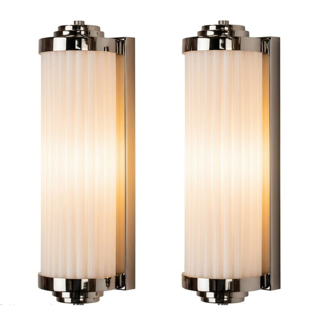 Art Deco Vintage Art Deco Light Old Lamp Wall Sconces Fixture Nickel Brass & Milk Glass Rod Ship Light - Pair For Sale - Image 3 of 4