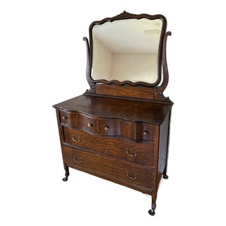 Antique American Tiger Oak Serpentine Dresser With Swing Mirror C. 1900-1915 For Sale