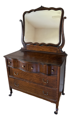 Antique American Tiger Oak Serpentine Dresser With Swing Mirror C. 1900-1915