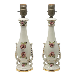 Mid 20th Century Porcelain Urn Lamps in Capodimonte Style Pink Roses, Gold Trim - A Pair