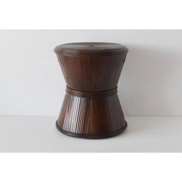 Vintage Sculptural Dark Bamboo Rattan Hourglass Bowtie Pedestal Table For Sale - Image 4 of 15