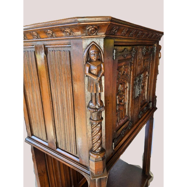 Antique Flemish-Style Gothic Revival Carved Oak Pass-Through Credence Cabinet, C. 1900. For Sale - Image 15 of 16