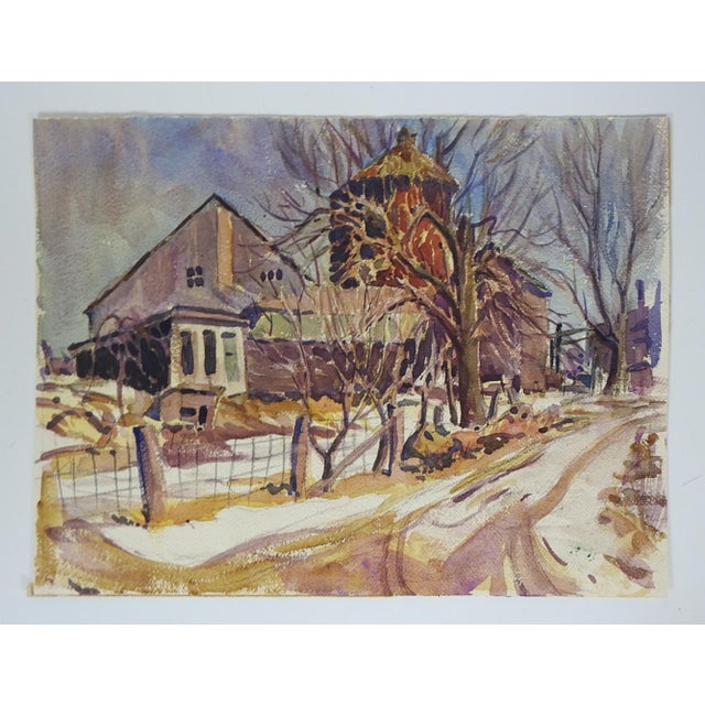 Early 20th century watercolor on paper painting of a farm with barns, silos and outbuildings in the winter. Unsigned....