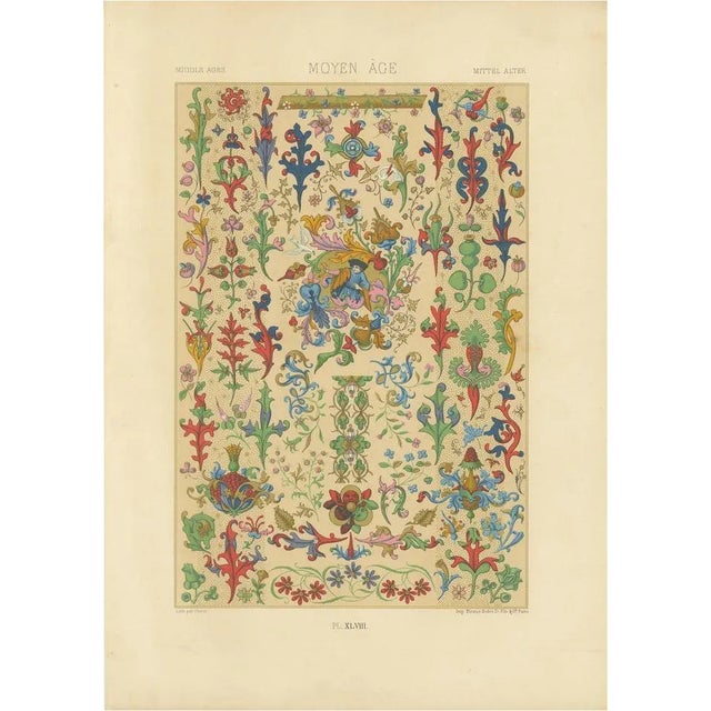 After Racinet, Medieval Floral Ornament Illuminated Manuscript Motifs, Plate XLVIII, 1869, Print For Sale - Image 10 of 10