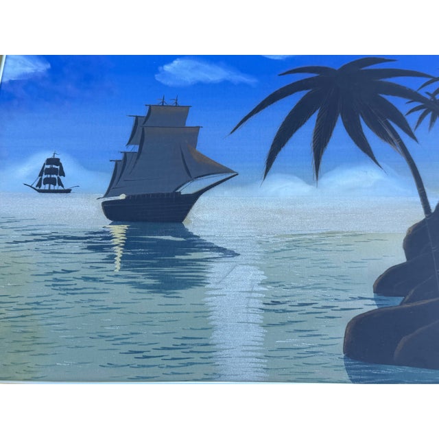 Vintage Mid-Century Japanese Scenic Silk Paintings in Steel Frames, Pair For Sale - Image 10 of 12