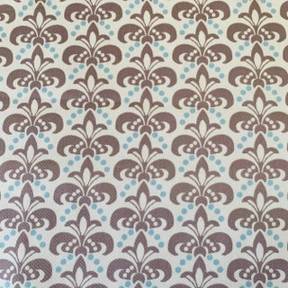 Free Spirit Designer Vicki Payne Aqua Gray Cream Block Print Fleur De Lis Scallop Fabric- 4.2 Yards For Sale