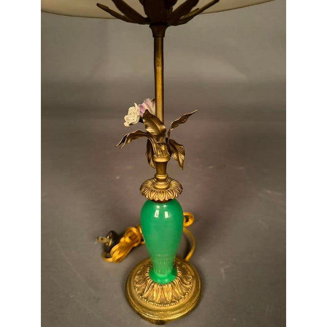Metal French Bronze & Green Glass Table Lamp With Porcelain Flowers and Silk Shade, Circa 1920 For Sale - Image 7 of 11