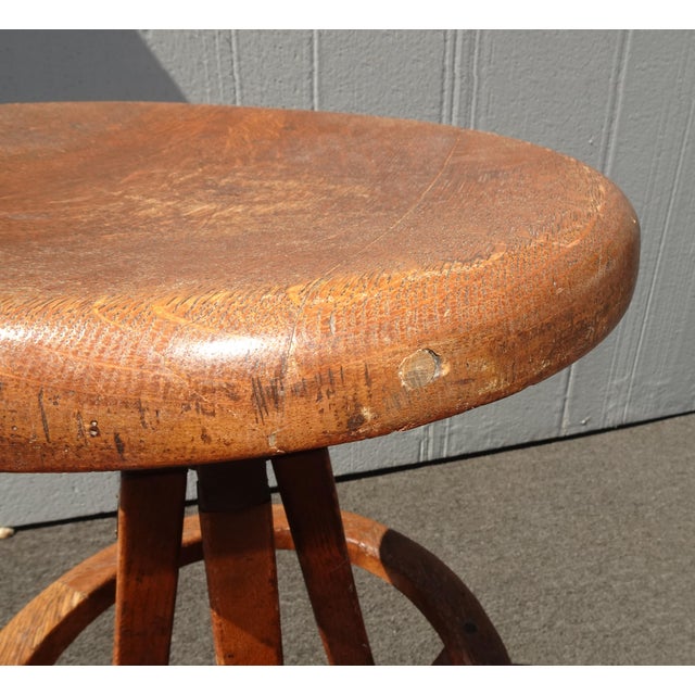 1940s Antique Industrial Adjustable Swivel Oak Drafting Stool Barstool 1of3 ~ # 2 For Sale - Image 5 of 17