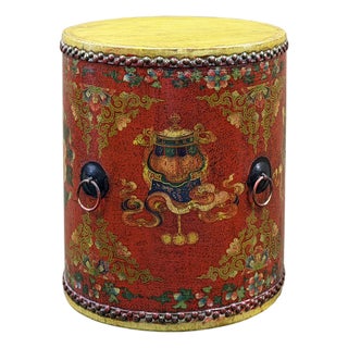 Oriental Tibetan Style Red Auspicious Flower Motifs Drum Table For Sale