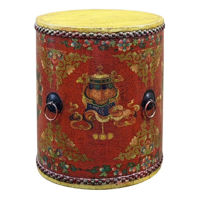 Oriental Tibetan Style Red Auspicious Flower Motifs Drum Table For Sale