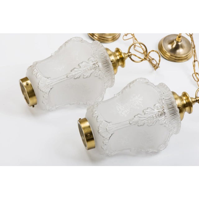 Metal 1950s French Rococo Brass Chain Pendant Lights, Acid-Etched Pressed Crystal Shades - A Pair For Sale - Image 7 of 12