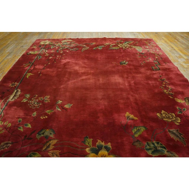 Ruby Red 1920s Ruby Red Flora Bamboo Antique Chinese Art Deco Carpet 8'10" X 11'7" Knotted Wool Rug For Sale - Image 8 of 12