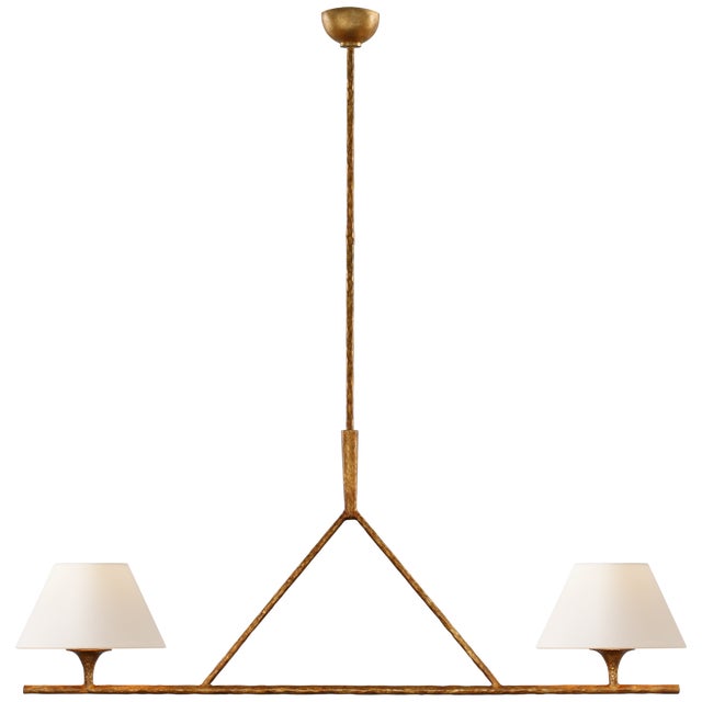 Cesta Large Linear Chandelier in Gilded Iron with Linen Shades Designer: Ian K. Fowler Fixture Height: 21.5" Min. Custom...